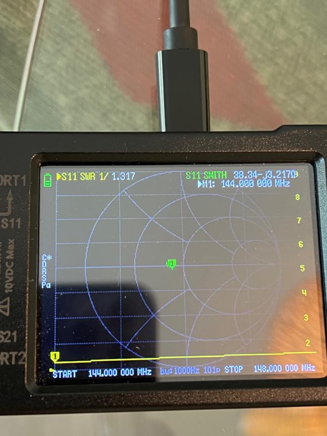 NanoVNA showing SWR sweep of the 2 meter amateur radio band